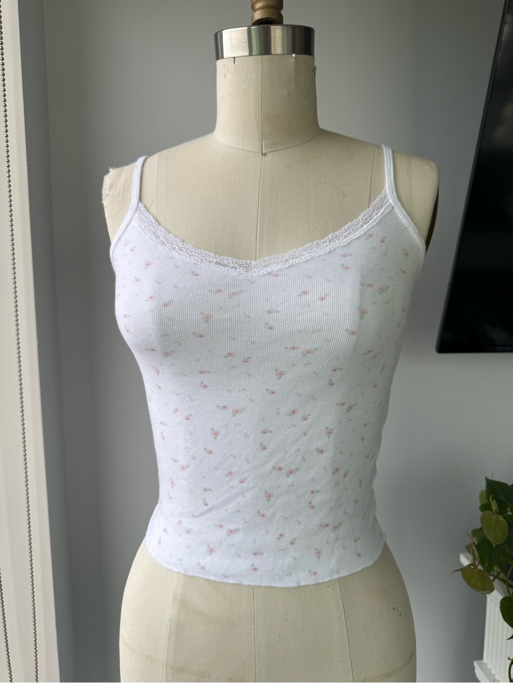 Harlow White Cami with Pink Floral Print and Lace Trim